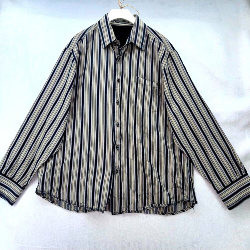 Tommy Bahama 100% silk LS Button Down Shirt Striped Large Contrasting Cuffs